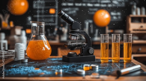Colors and experiments in a laboratory with equipment and scientific material...