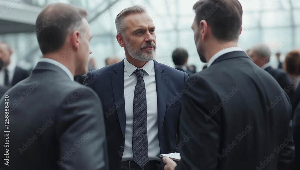 A group of businessmen discussing and interacting with their colleagues.