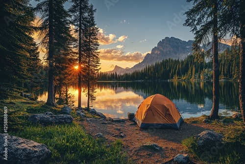 Fototapeta Naklejka Na Ścianę i Meble -  A camping tent nestled among pine trees, a lake reflecting the morning sunrise.