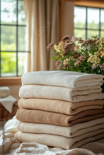 Soft linen towels stacked neatly with fresh flowers in a cozy room setting