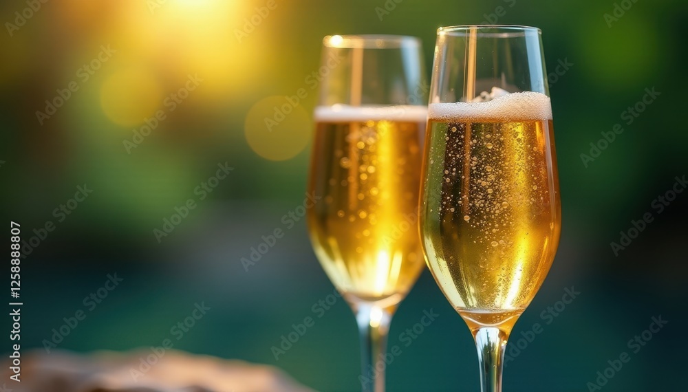 Two flutes of champagne, golden liquid, bubbles, success, toast to success, festive Two flutes of champagne, golden liquid, bubbles, success, toast to success, festive