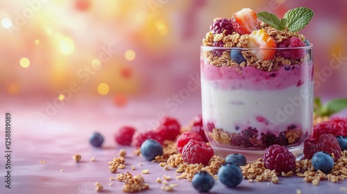 Colorful yogurt parfait with berries and granola in a bright setting