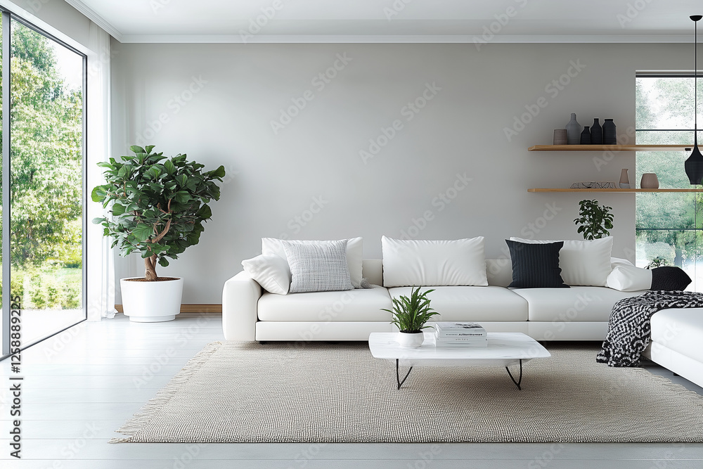 Fototapeta premium Interior of living room with white sofaand coffee table panorama .