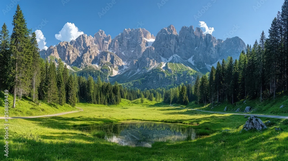 Majestic Mountain Range Reflecting in a Serene Alpine Meadow Majestic Mountain Range Reflecting in a Serene Alpine Meadow