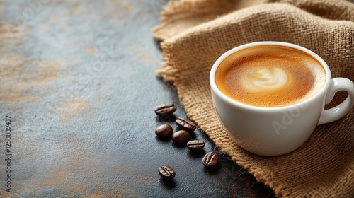 Warm coffee in a white cup surrounded by coffee beans on a textured dark surface