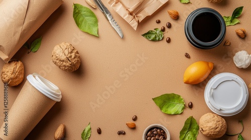 Wallpaper Mural Coffee ingredients and packaging kitchen food arrangement cozy atmosphere top-down view culinary creativity Torontodigital.ca