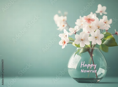 spring flowers in a vase with a green background. Happy Nowruz. 