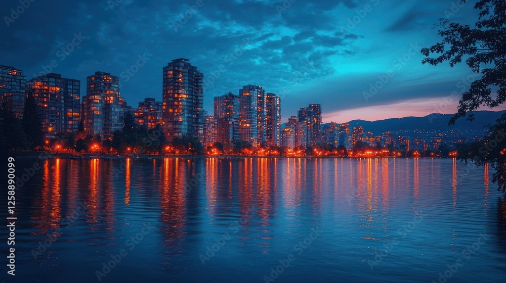 Fototapeta premium A city skyline at twilight with soft streetlights glowing, the sky transitioning to dark blue, and gentle ripples on a nearby lake