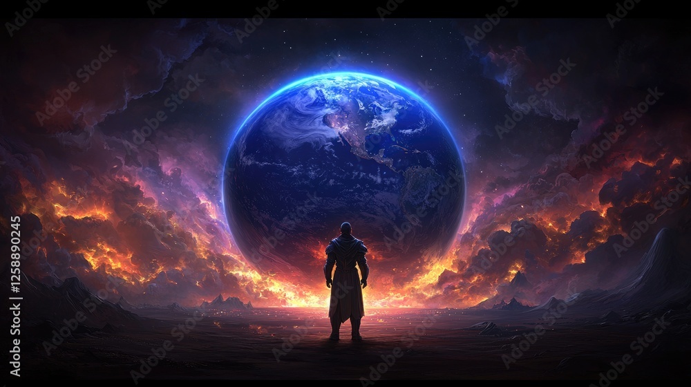 Epic cosmic encounter surreal figure gazing at a fiery earth digital artwork sci-fi environment dramatic viewpoint Epic cosmic encounter surreal figure gazing at a fiery earth digital artwork sci-fi environment dramatic viewpoint