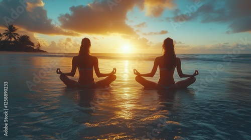 Two individuals practicing yoga on the beach during sunset in a tranquil ocea...