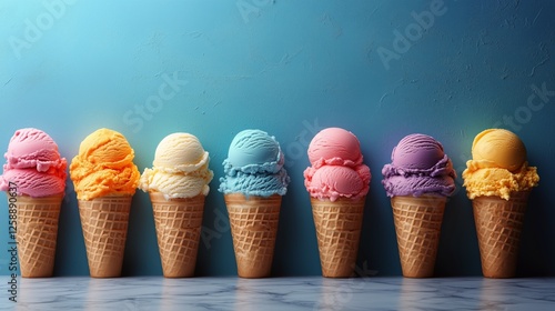 Colorful ice cream cones arranged in a line against a bright blue background