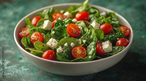 Fresh spinach salad with cherry tomatoes and feta cheese on a rustic green table