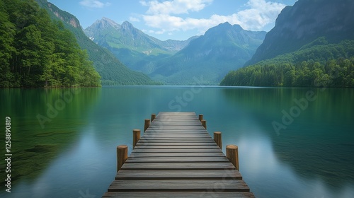 Serene wooden pier extending into a tranquil mountain lake under clear blue s...