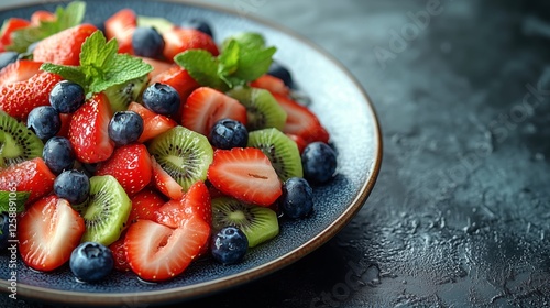 Fresh fruit salad with strawberries, blueberries, and kiwi on a decorative plate