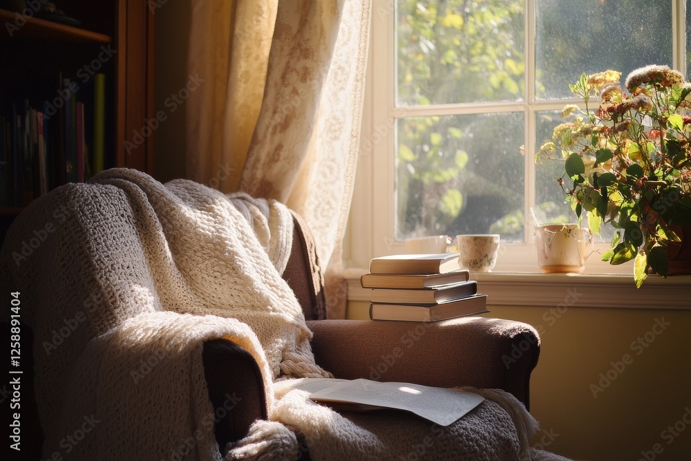 Sunlit living room window view from couch Sunlit living room window view from couch