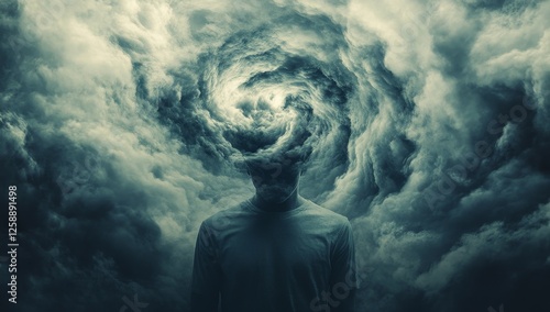 Man engulfed by swirling dark storm clouds, mental turmoil, dark background