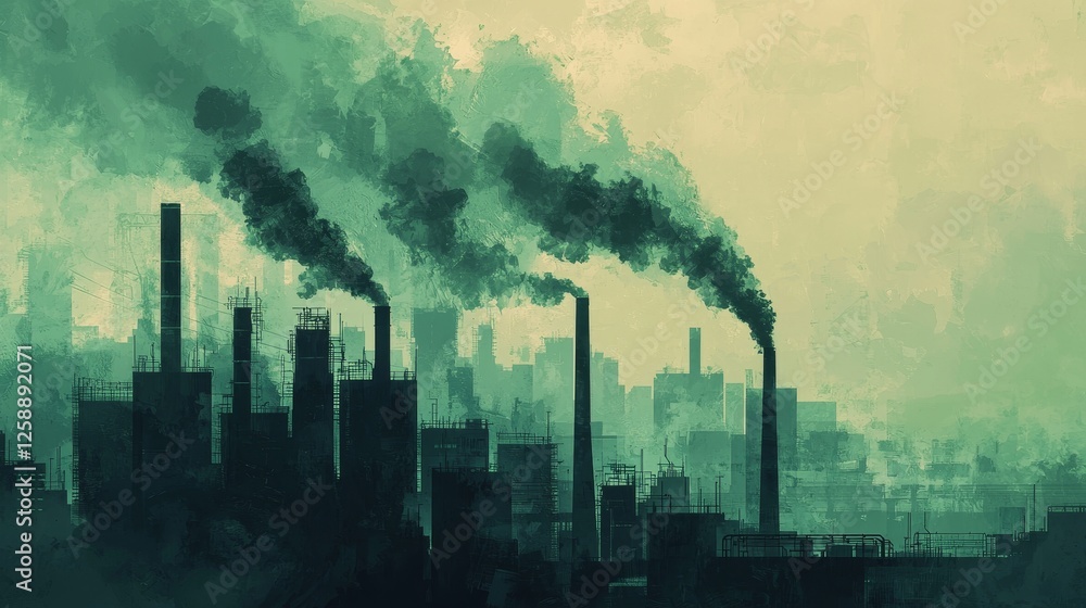 Industrial pollution crisis in urban landscapes environmental artwork smoky atmosphere dystopian view climate change awareness Industrial pollution crisis in urban landscapes environmental artwork smoky atmosphere dystopian view climate change awareness