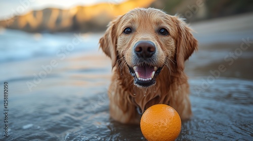 Golden retriever plays joyfully in ocean surf with bright orange ball during ...
