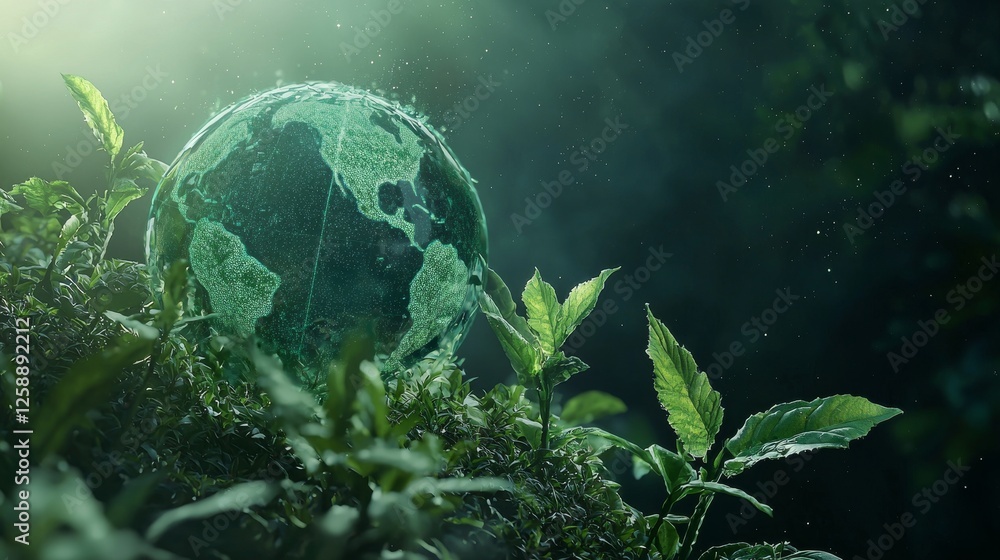 Fototapeta premium Sustainable future green earth concept lush forest setting digital art eco-friendly environment upward perspective