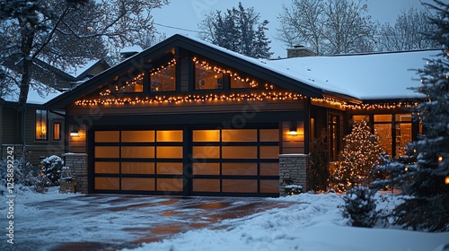 Snowy suburban home, Christmas lights, winter night, garage glow