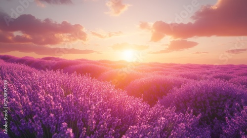 Lavender Field at Sunset: A Breathtaking Vista of Purple Blooms Bathed in Golden Light Under a Sky Painted with Hues of Pink and Orange.