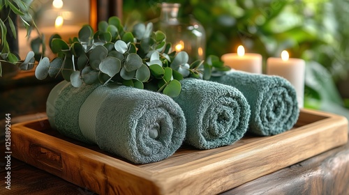 Soft green towels arranged on a wooden tray with candles and greenery in a re...