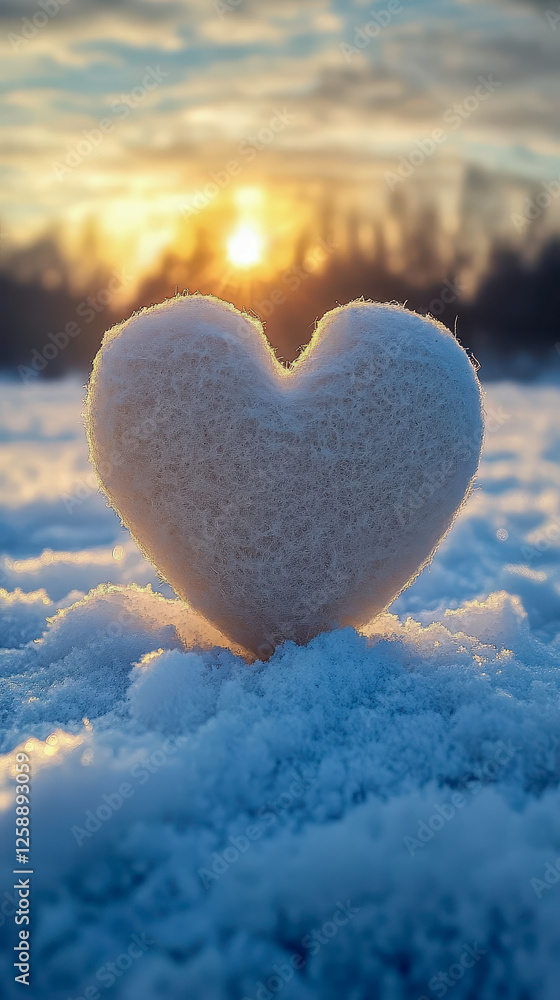 Fototapeta premium Heart-shaped snow sculpture radiates warmth against a glowing winter sunset in a tranquil landscape