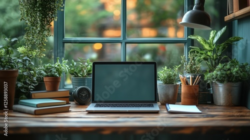 Cozy workspace with plants and laptop in a well-lit room