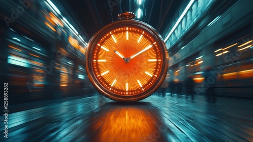 Vintage clock illuminated in a busy urban train station at night