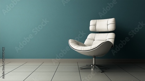 Modern white chair against a blue wall in a minimalist interior setting