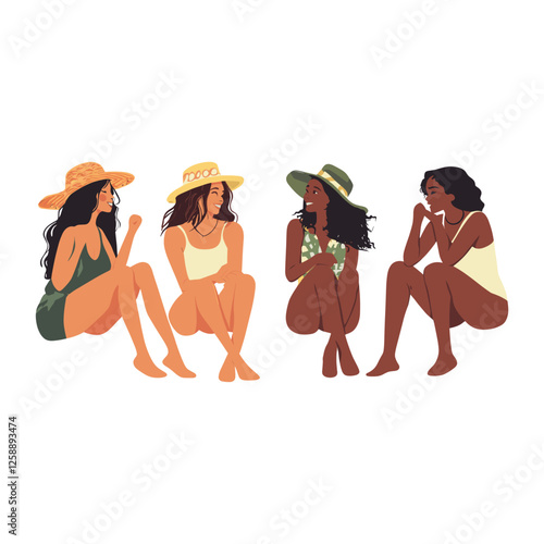 Diverse four women chatting woman hats illustration vector