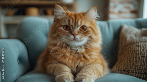 Fluffy ginger cat relaxing on cozy blue couch in a bright living room during ...
