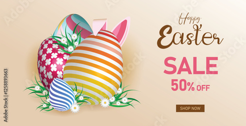 easter sale banner with decorated eggs, bunny ears, and floral elements on pastel background, 50 percent discount promotion