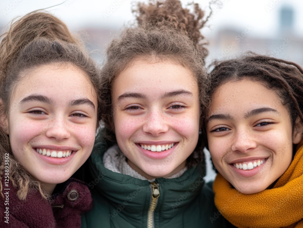 three smiling teenage girls in outerwear three smiling teenage girls in outerwear