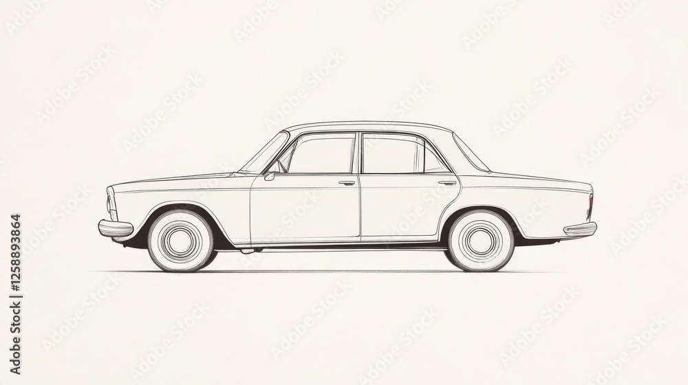 Classic Car Line Drawing, Side Profile, Simple Design, Background, Illustration Classic Car Line Drawing, Side Profile, Simple Design, Background, Illustration
