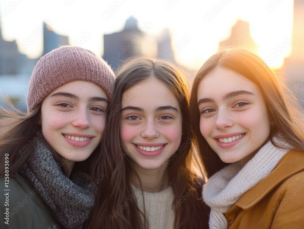 three Smiling Young Women on an Outing three Smiling Young Women on an Outing