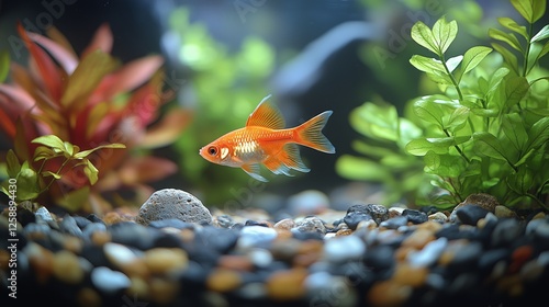 Colorful goldfish swimming in a vibrant freshwater aquarium with lush aquatic...