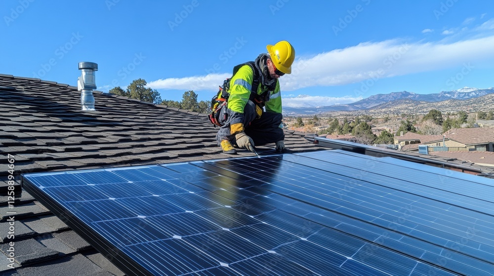 custom made wallpaper toronto digitalA professional technician in safety gear installing solar panels on a residential rooftop, highlighting the growth of renewable energy and sustainable power solutions.