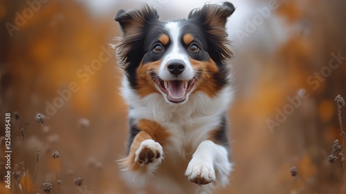 Happy dog running through autumn grass with vibrant leaves in the background
