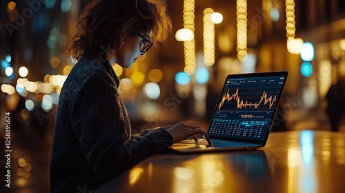 Working late at night on a laptop with financial data displayed in a city ill...