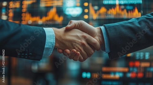 Business professionals shake hands in front of financial market data on screens