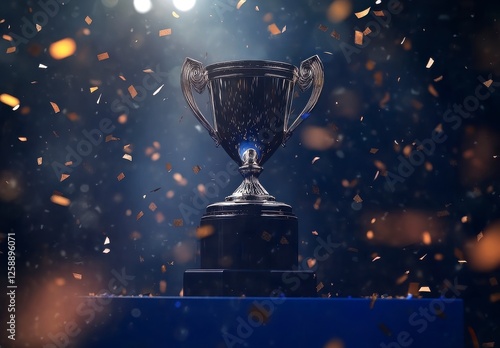 Dark Dramatic Trophy On Podium With Confetti