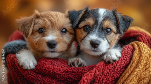 Cute puppies snuggling together in a cozy blanket during autumn