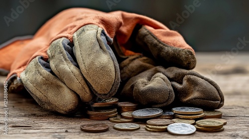 Workers gloves resting on a wooden table surrounded by assorted coins after a long day's labor in the field photo