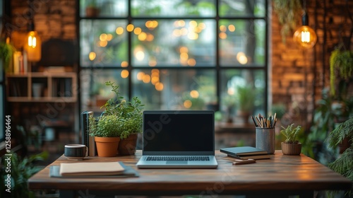 Cozy workspace with plants and soft lighting in a serene indoor setting
