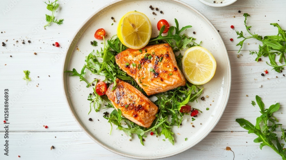 Delicious Grilled Salmon With Lemon Salad On A White Plate Delicious Grilled Salmon With Lemon Salad On A White Plate