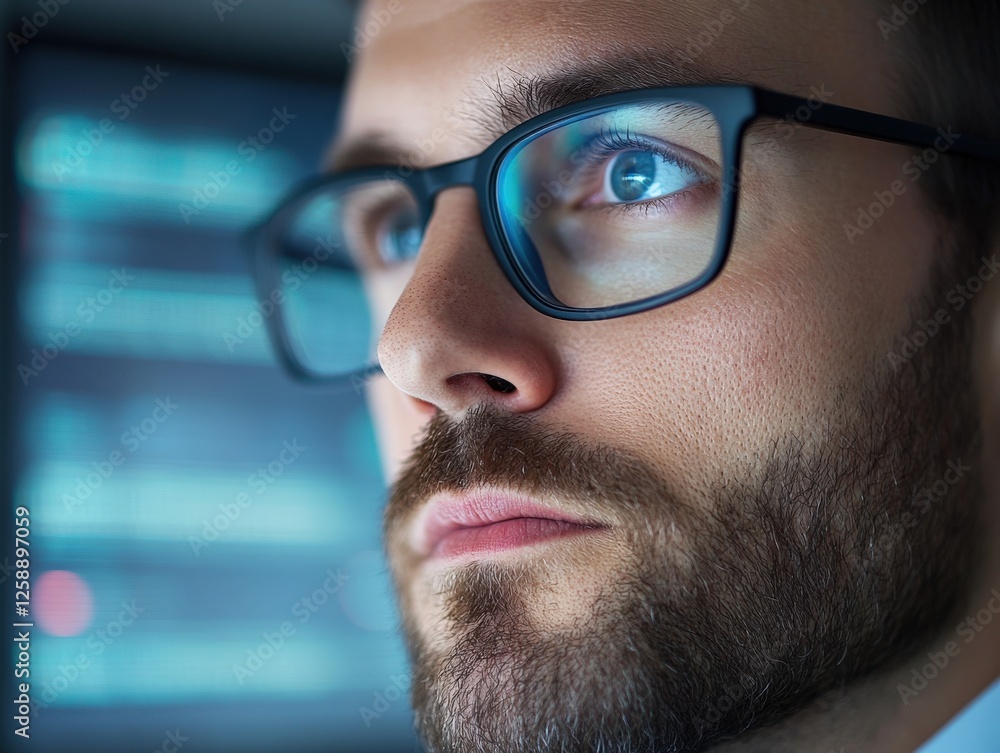Man with Glasses Looking at Computer Screen Man with Glasses Looking at Computer Screen