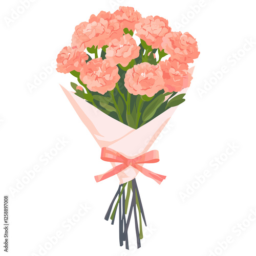 Wedding carnation flowers bouquet with paper wrap and bow tired carnations illustration art vector