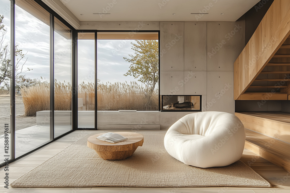 Fototapeta premium Minimalist, japandi interior design of modern living room with accent armchair