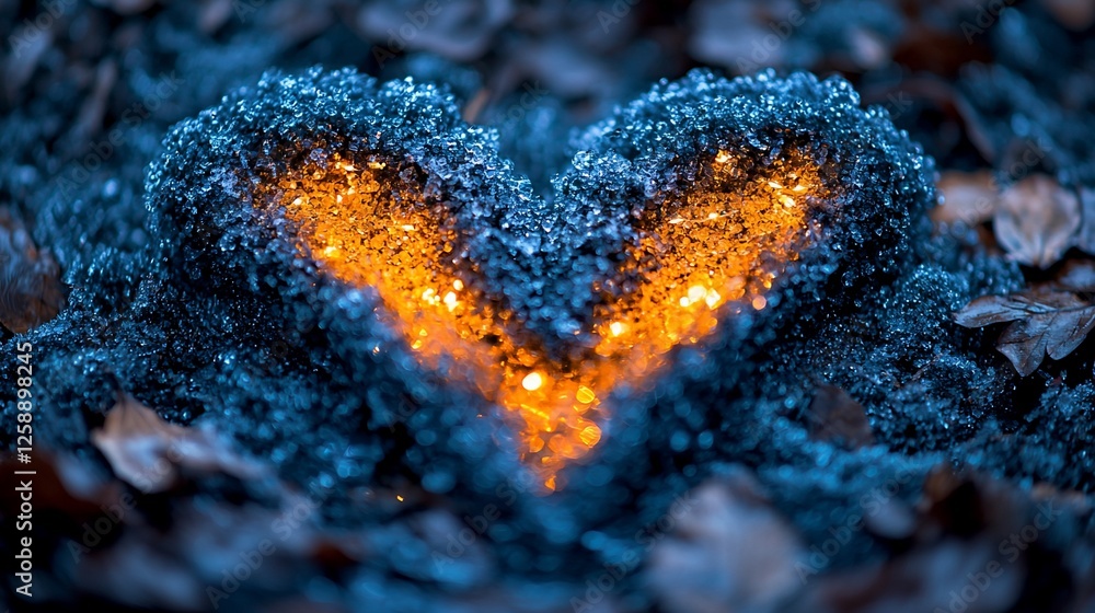 Fototapeta premium Glowing heart-shaped moss in forest, autumn leaves